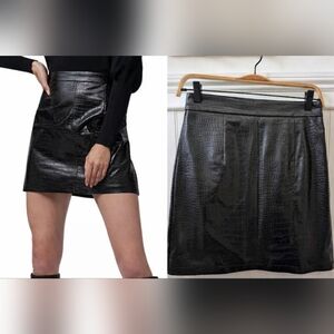 French Connection black faux crocodile leather midi skirt